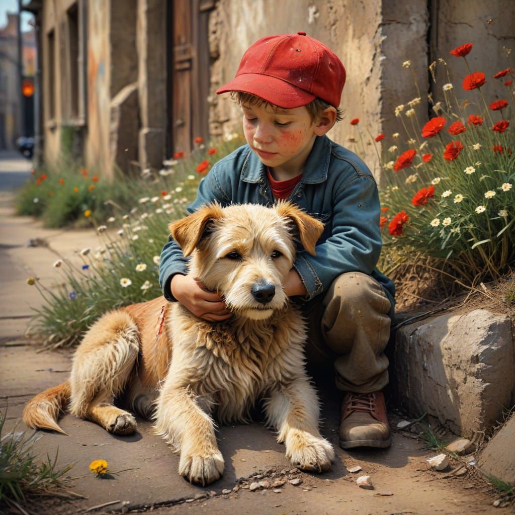 Boy and Dog in Earthy Oil Painting Style