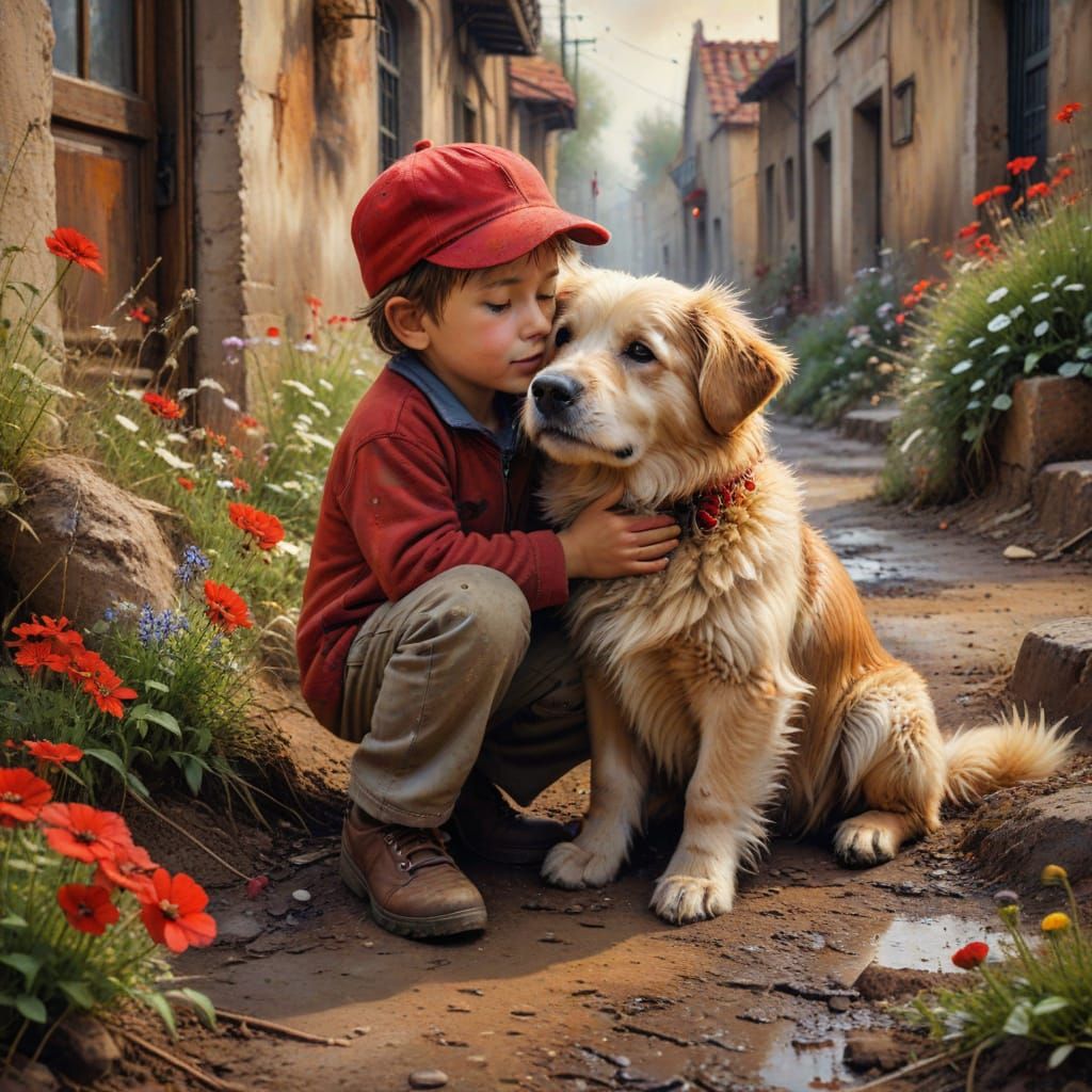Boy and Dog Embrace in Earthy Oil Painting
