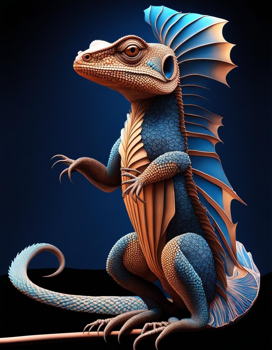 Frilled Lizard with Uluru in Quantum Zentangle Style