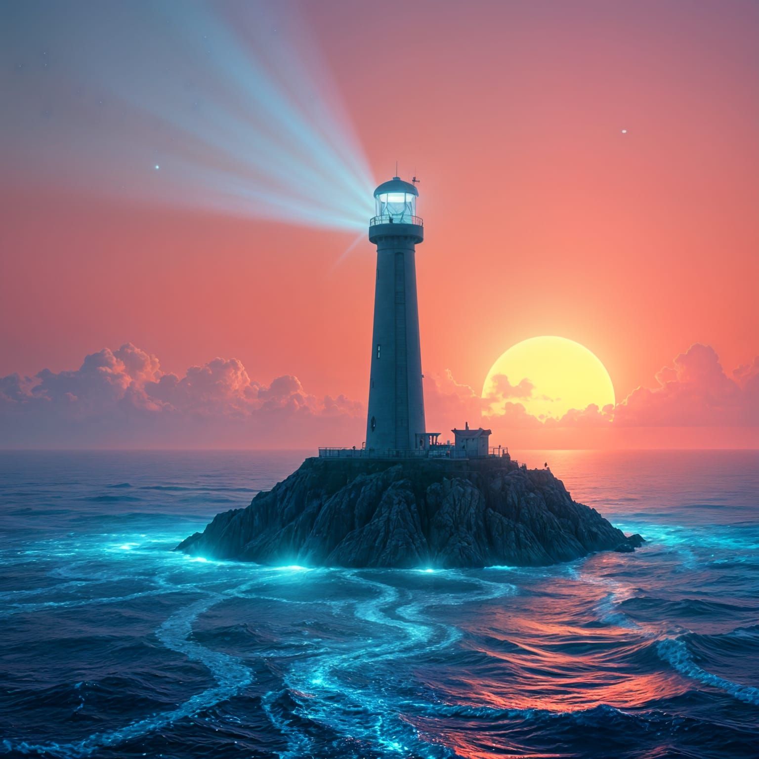 Bioluminescent Lighthouse Beams Glitter Over Ocean