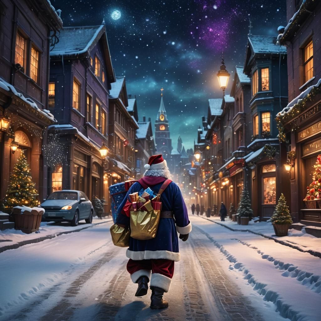 Santa Claus on a Night Street in Detailed Matte Painting