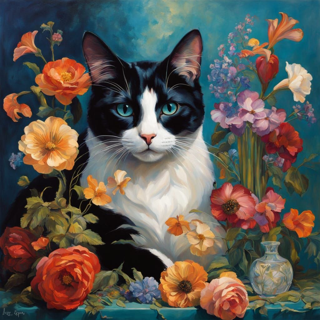 Cat in Vibrant Art Deco Still Life with Glitchcore Accents