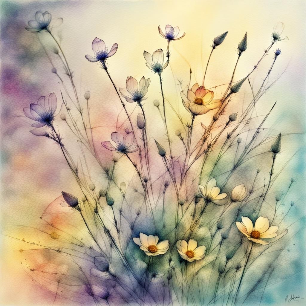 Abstract Wildflowers Pencil Sketch in Ukiyo-e Style