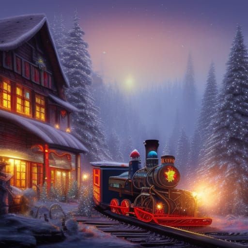 Fantastical Christmas Train in Matte Painting Style