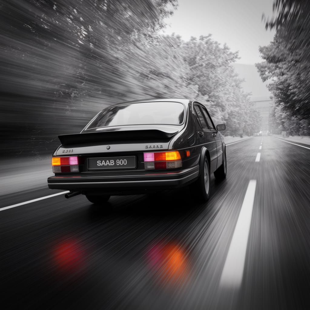Saab 900 on Autobahn: Black and White Photo