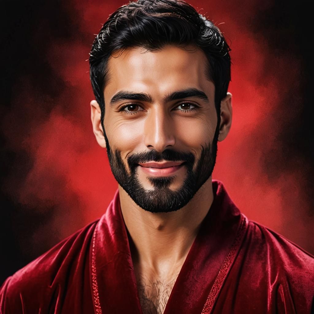 Joyful Man in Red Velvet Bathrobe Portrait