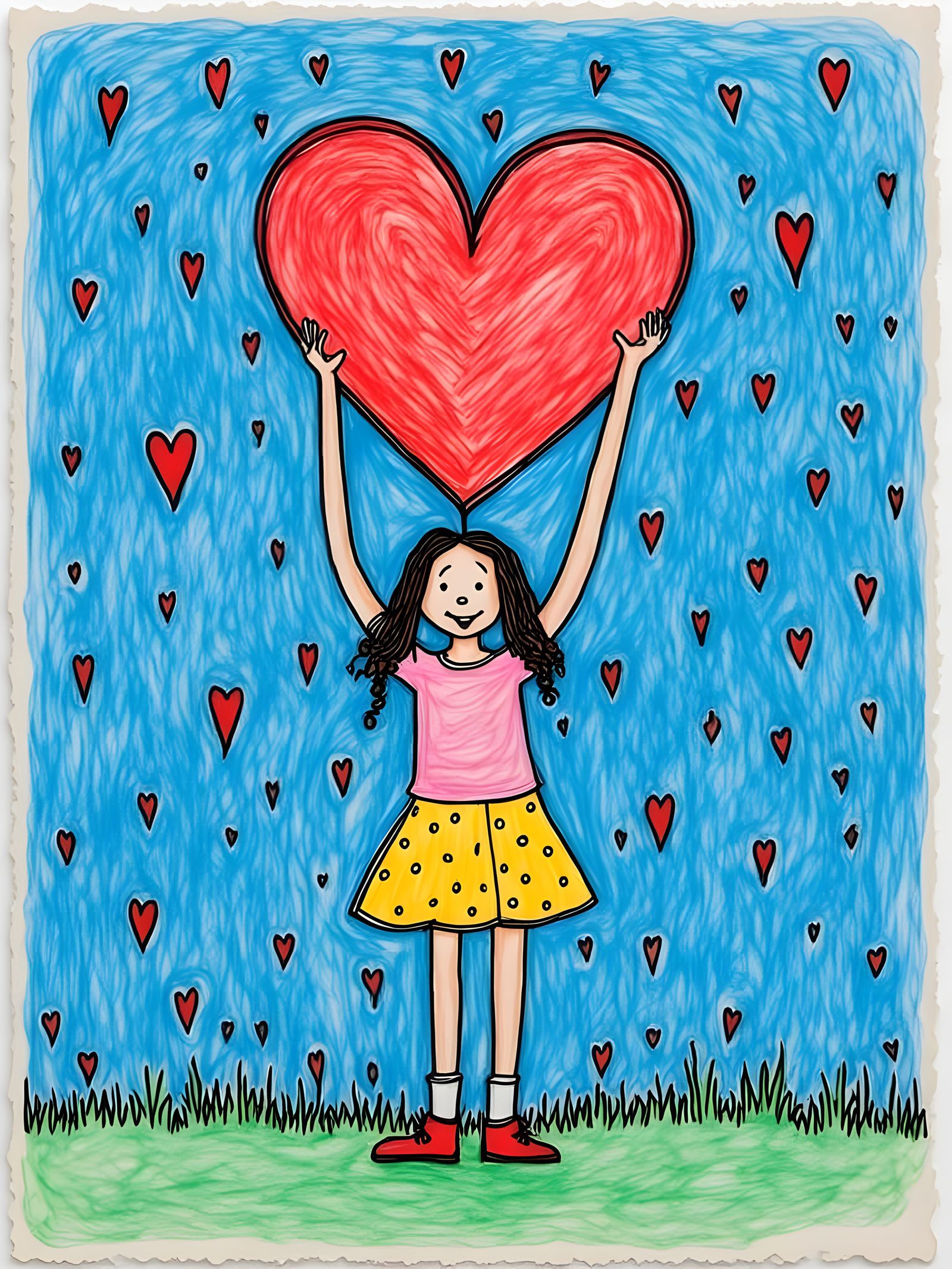 Charming Crayon Drawing of Girl Holding Heart