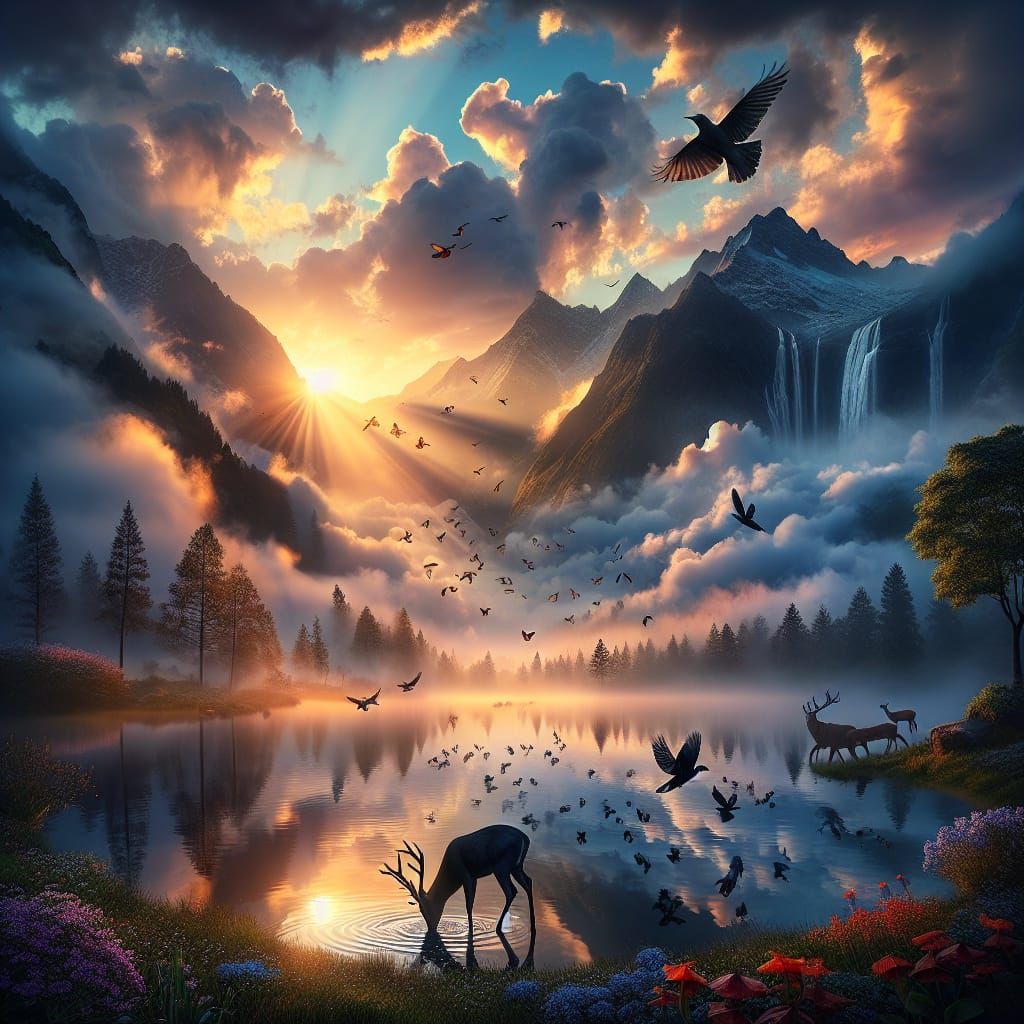 Sunrise Over Misty Mountain Lake