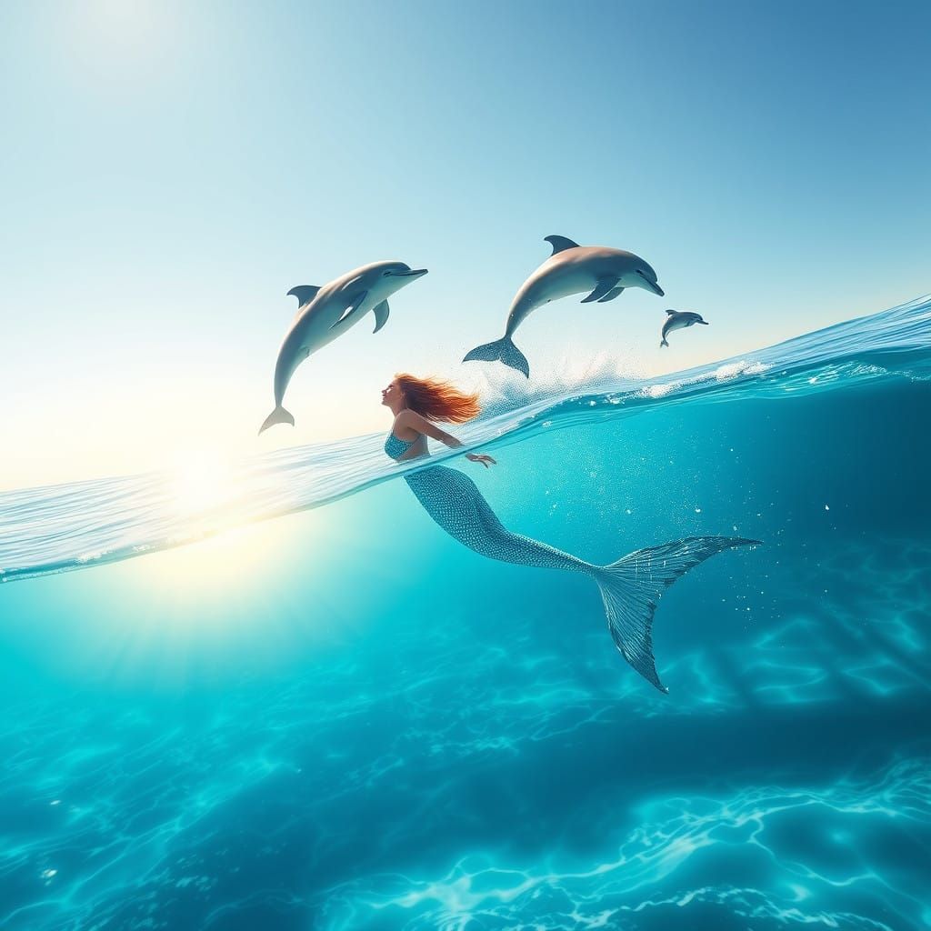 Serene Mermaid Swims Amidst Majestic Dolphins in Gradient-Bl...