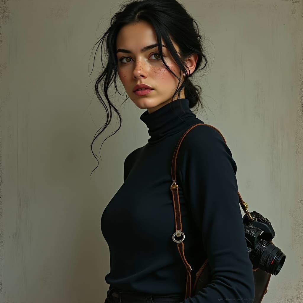 Striking Woman with Camera in Painterly Realism Style