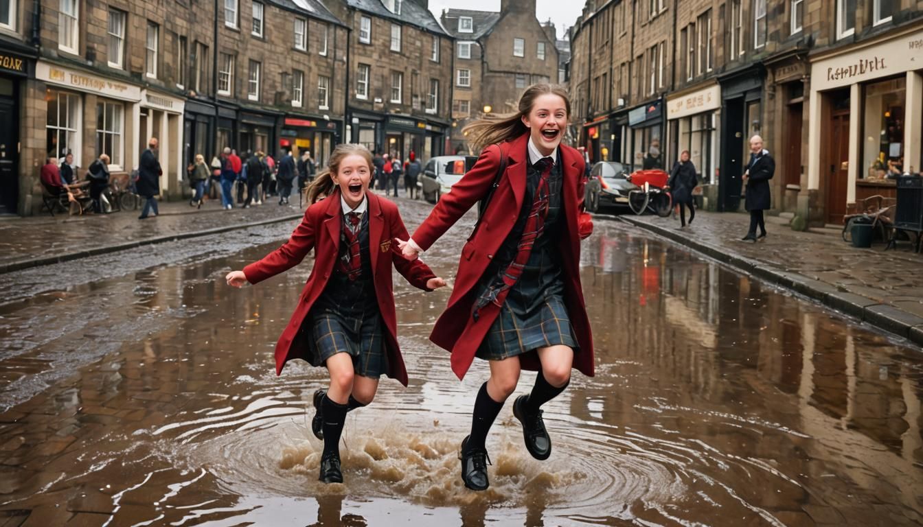 Edinburgh Schoolgirl in Rain: Photorealistic Street Scene