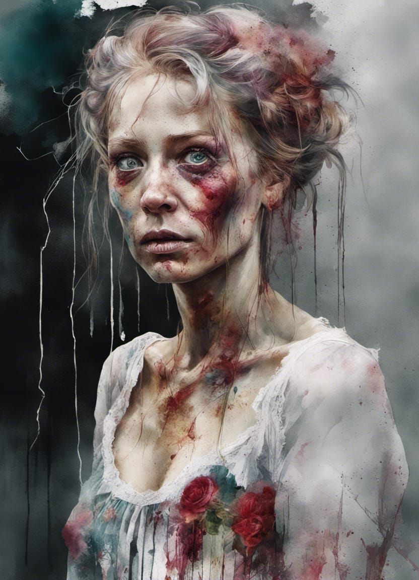 Bavarian Zombie Woman Portrait in Mixed Media Style