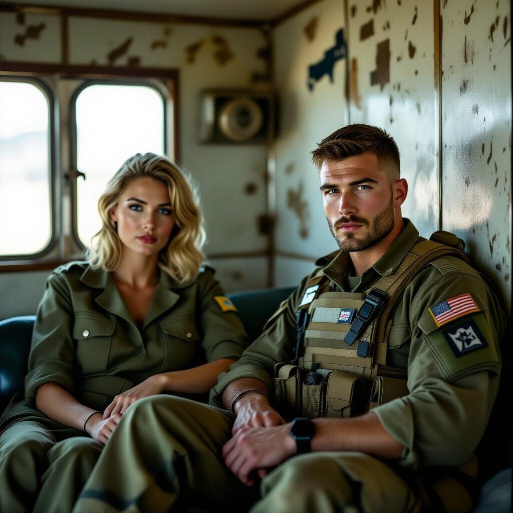 Soldier and Reporter in Motel, Pre-Raphaelite Style