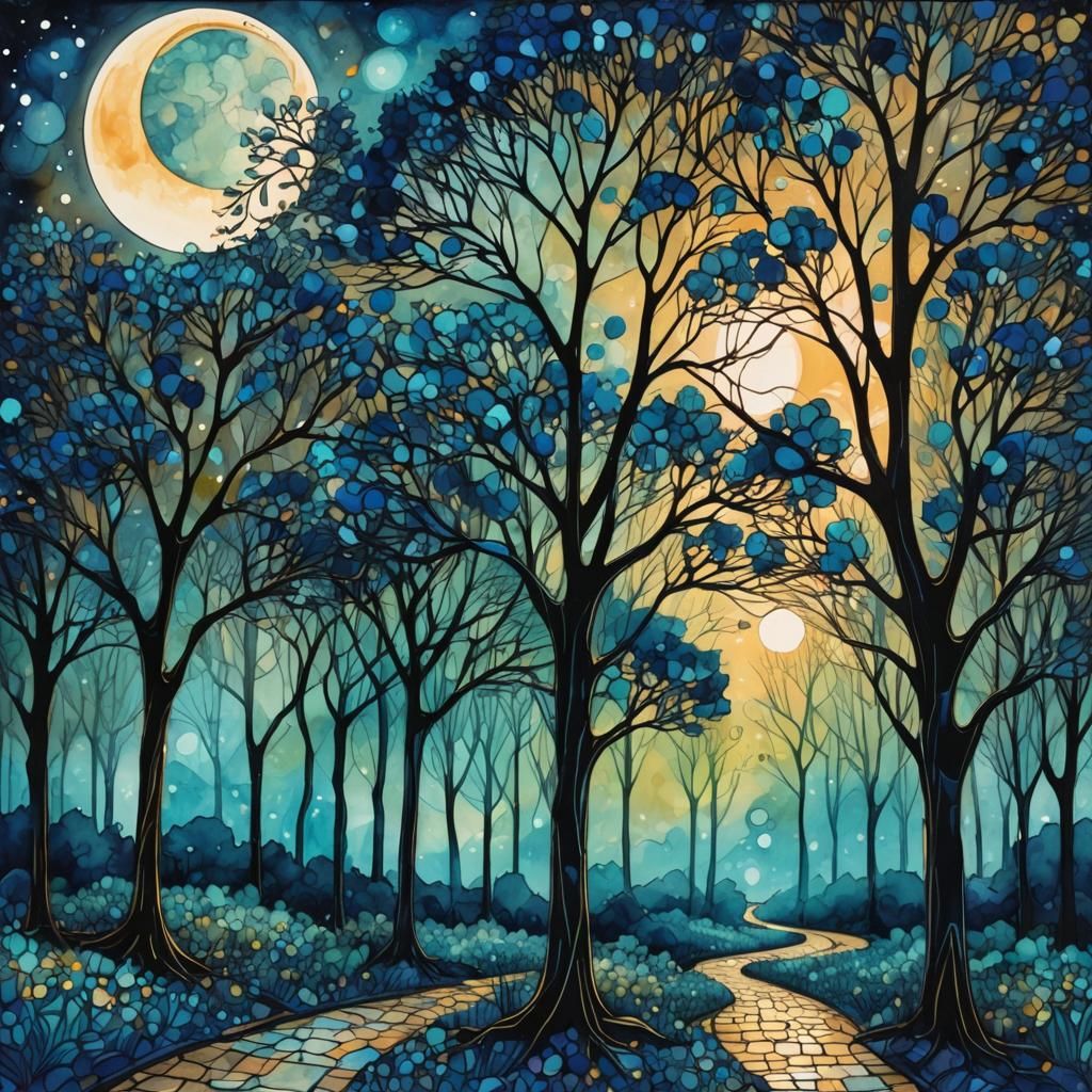 Moonlit Arabesque Forest in Impasto Watercolor Style