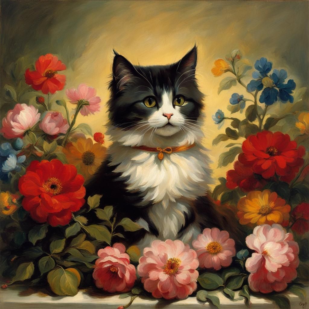 Cat with Flowers in Romantic Style