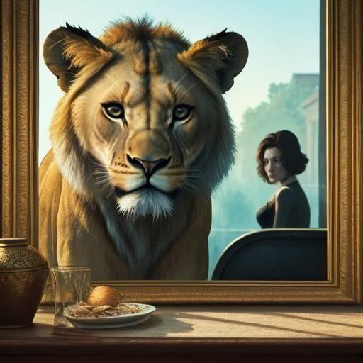 Scared woman looking into the mirror sees a fierce lioness b...