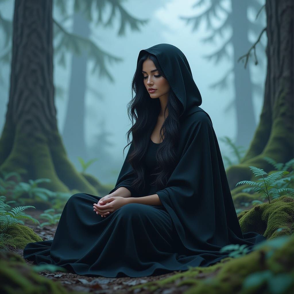 Mystical Woman Heals in Misty Forest