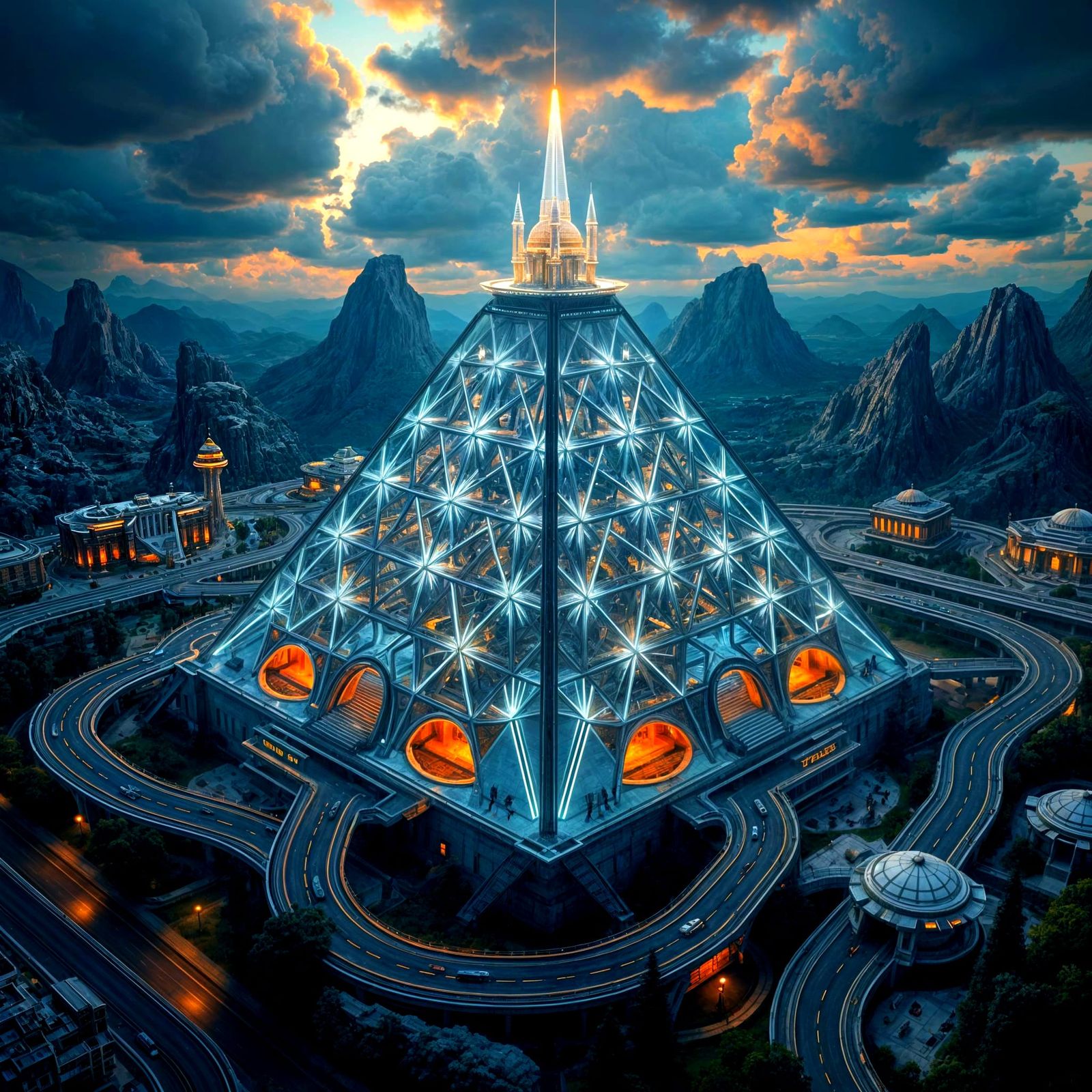 Future World Imagined, Pyramid with Telsa coils, Race track around