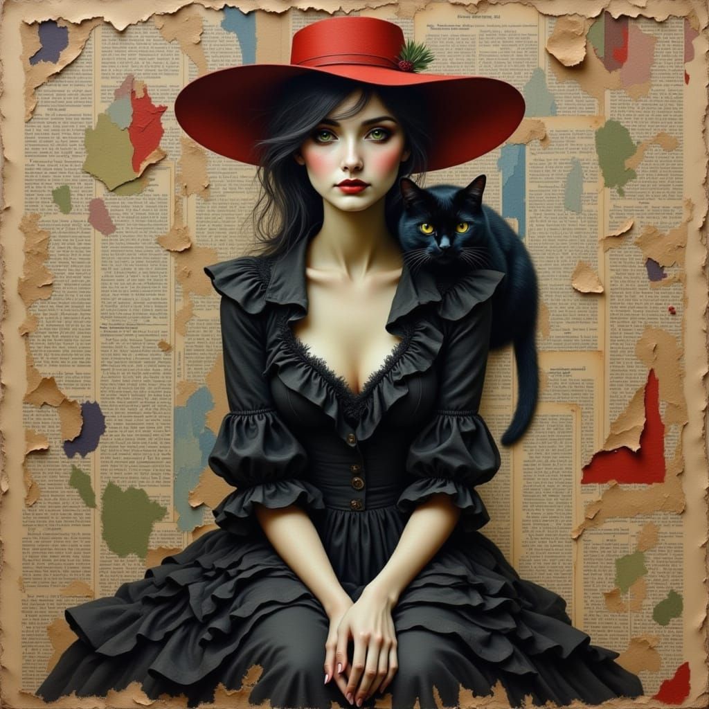 Melancholic Woman with Cat in Mixed Media Style