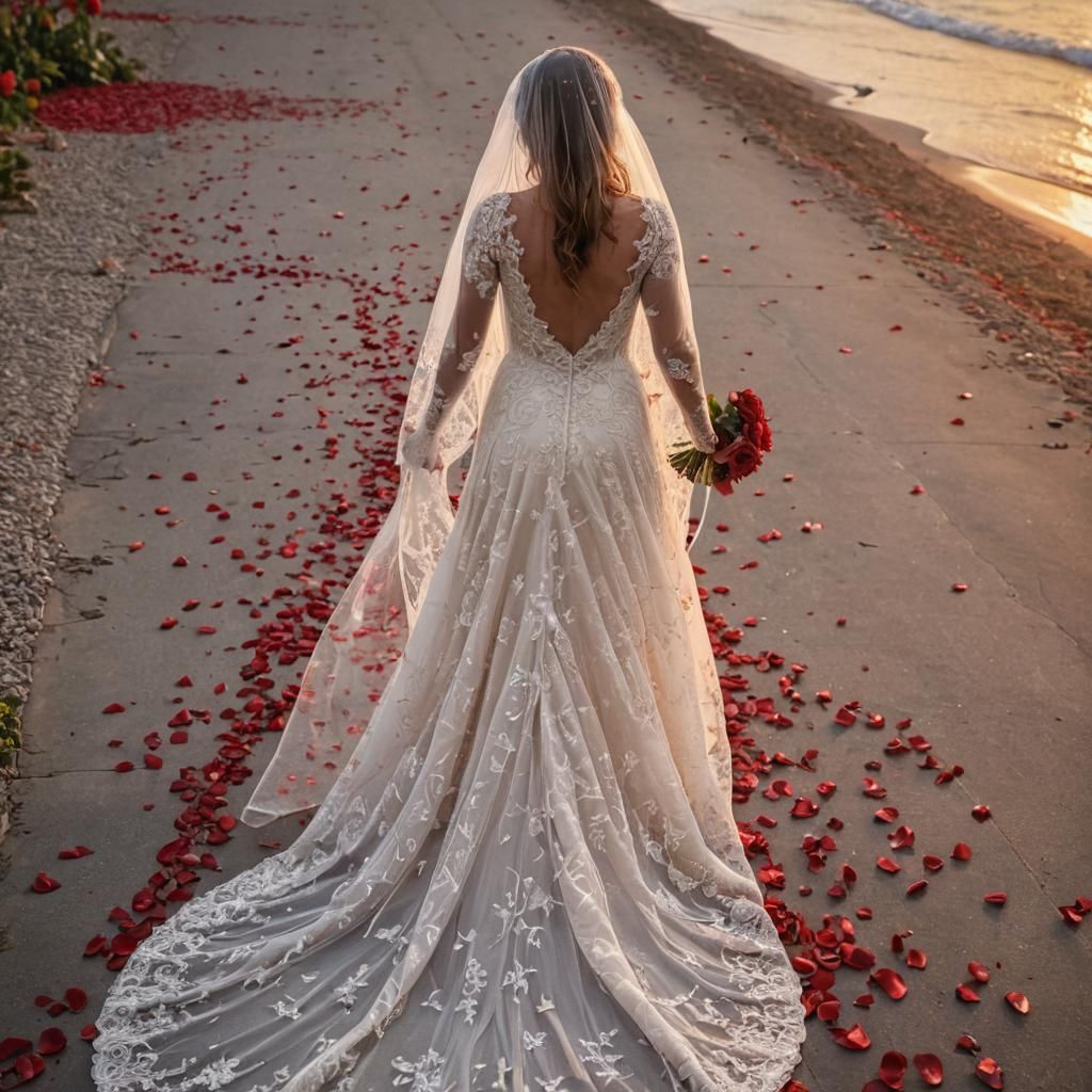 Bride on Rose Petal Carpet at Sunset