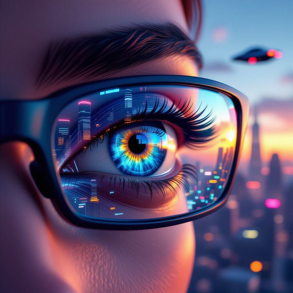 Eye Reflecting Futuristic Cityscape in 3D Style