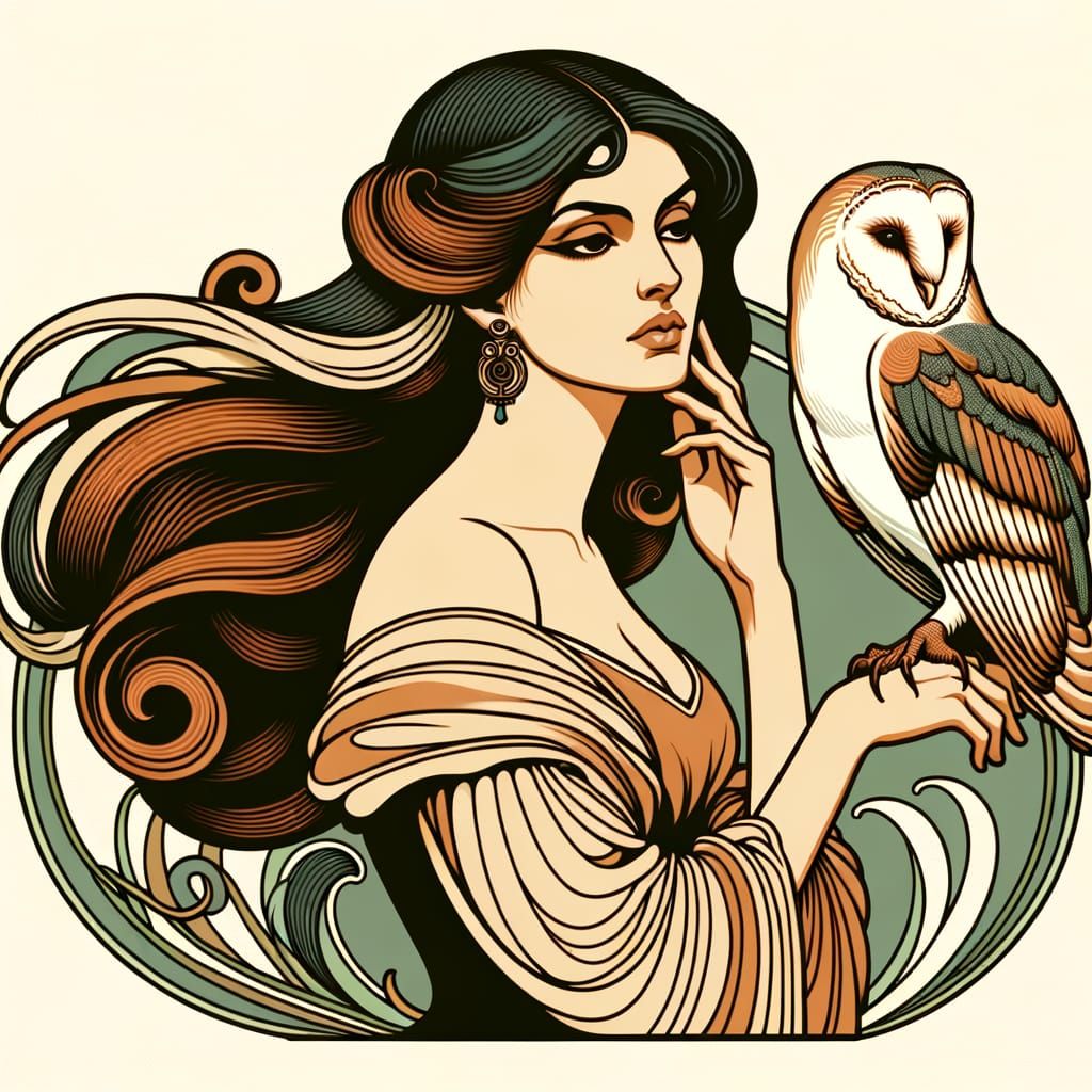 Elegant Art Nouveau Woman with Serene Barn Owl Companion