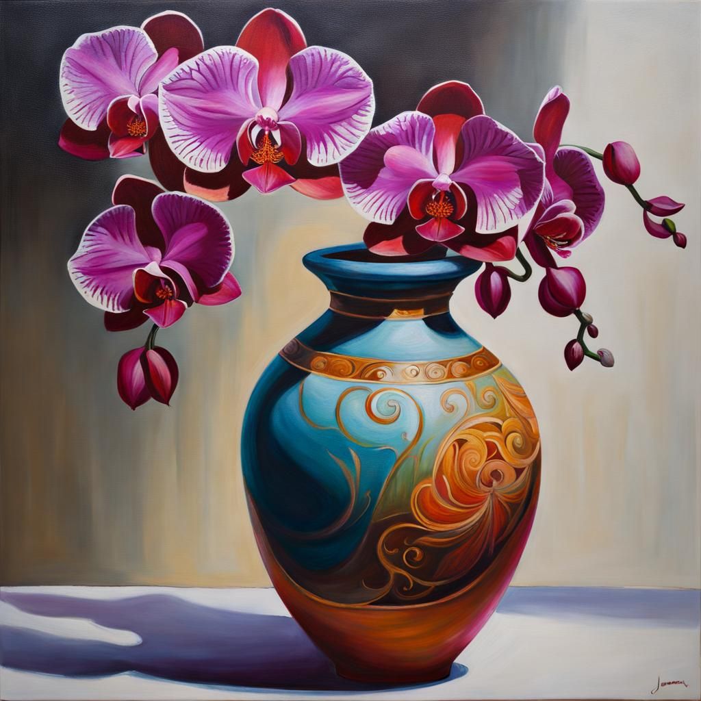 Orchid in Clay Vase: An Oil Painting