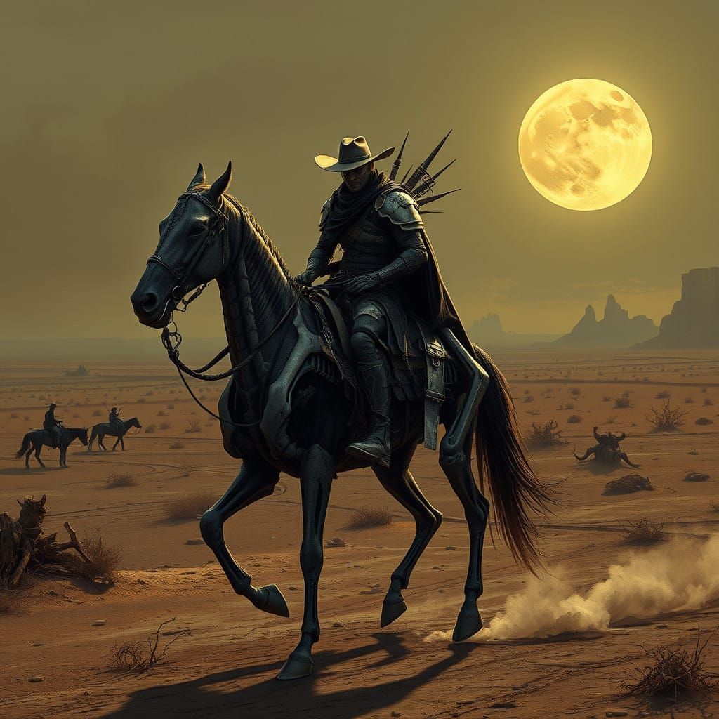 Cyberpunk Cowboy in Biomechanical Armor Rides Skeletal Horse...