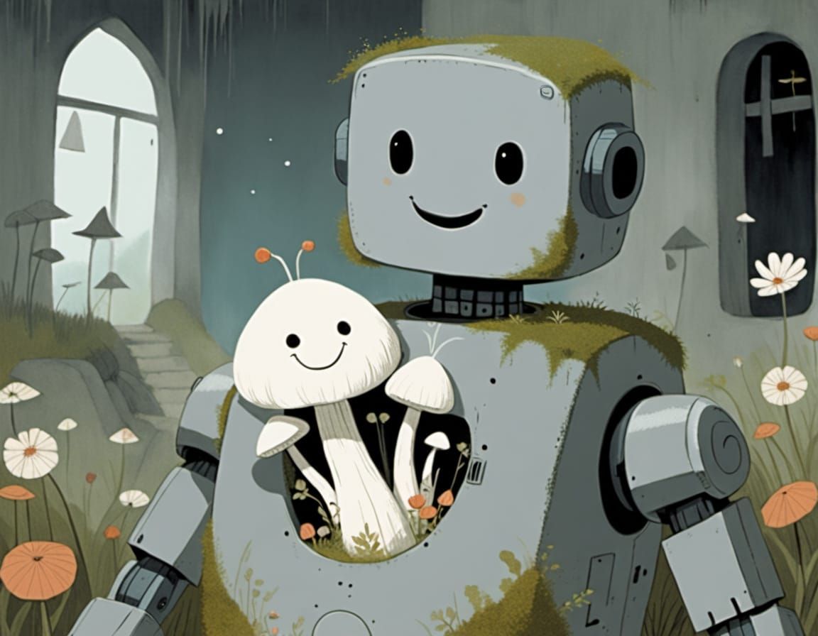 Cute Robot & Smiling Mushroom in Ruins