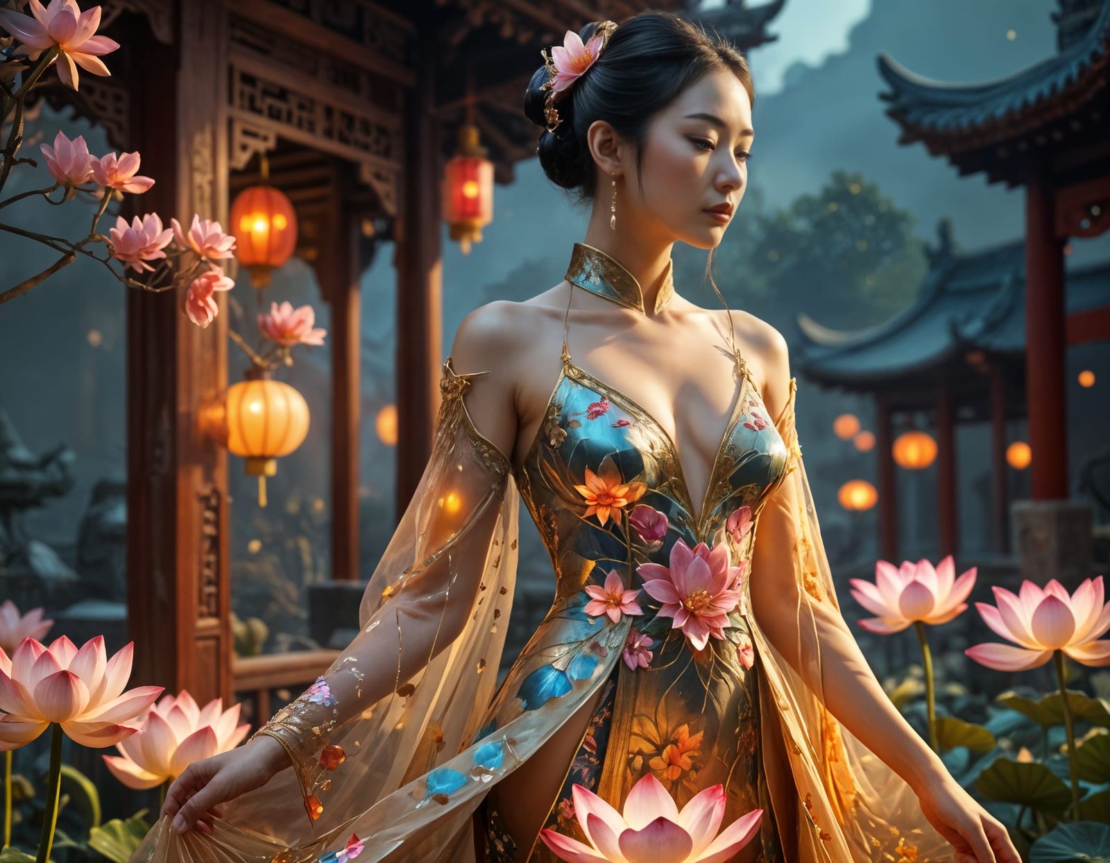 Ethereal Lotus Concubine in Surreal Chinese Village