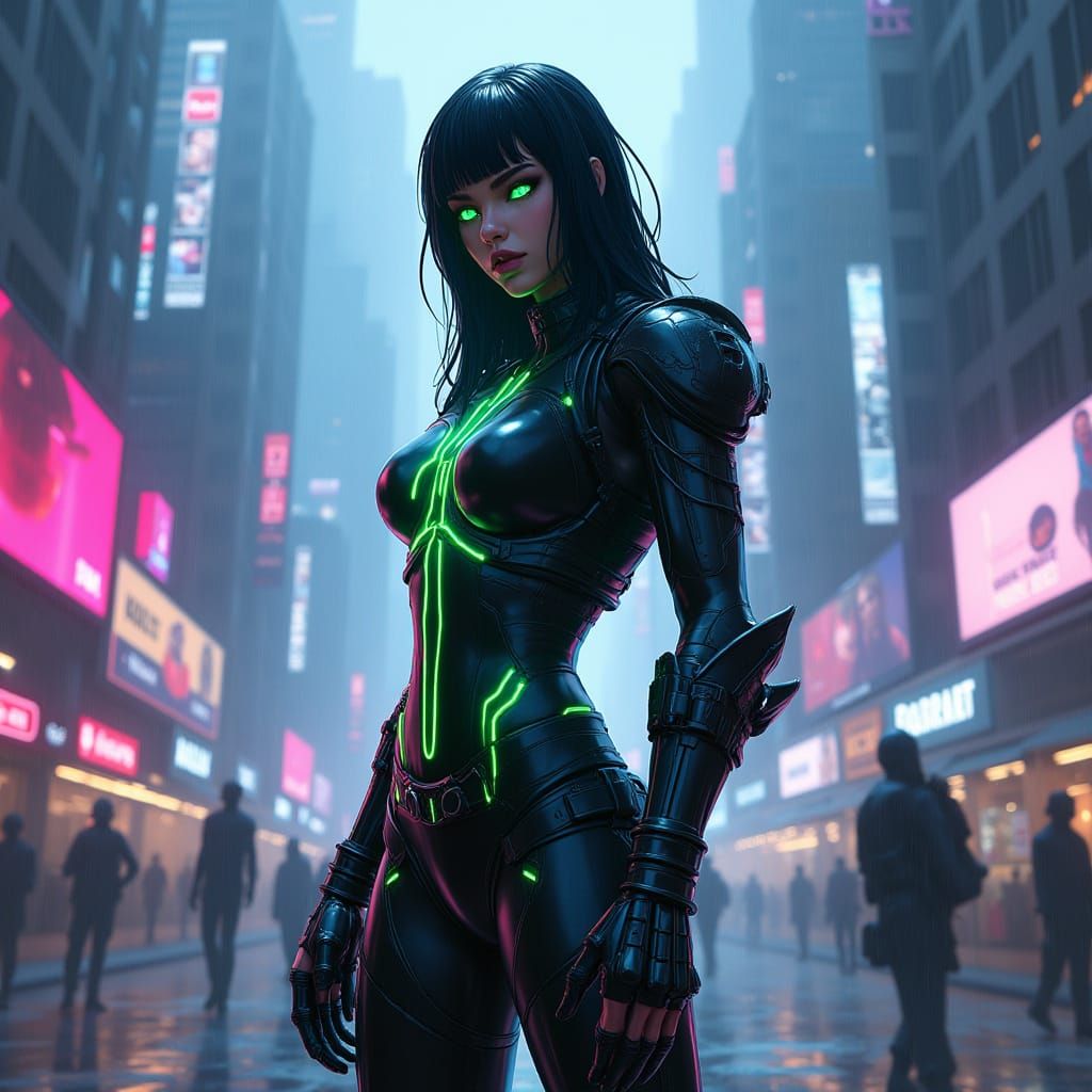 Cyberpunk Dystopia: Female Warrior in Neon Armor
