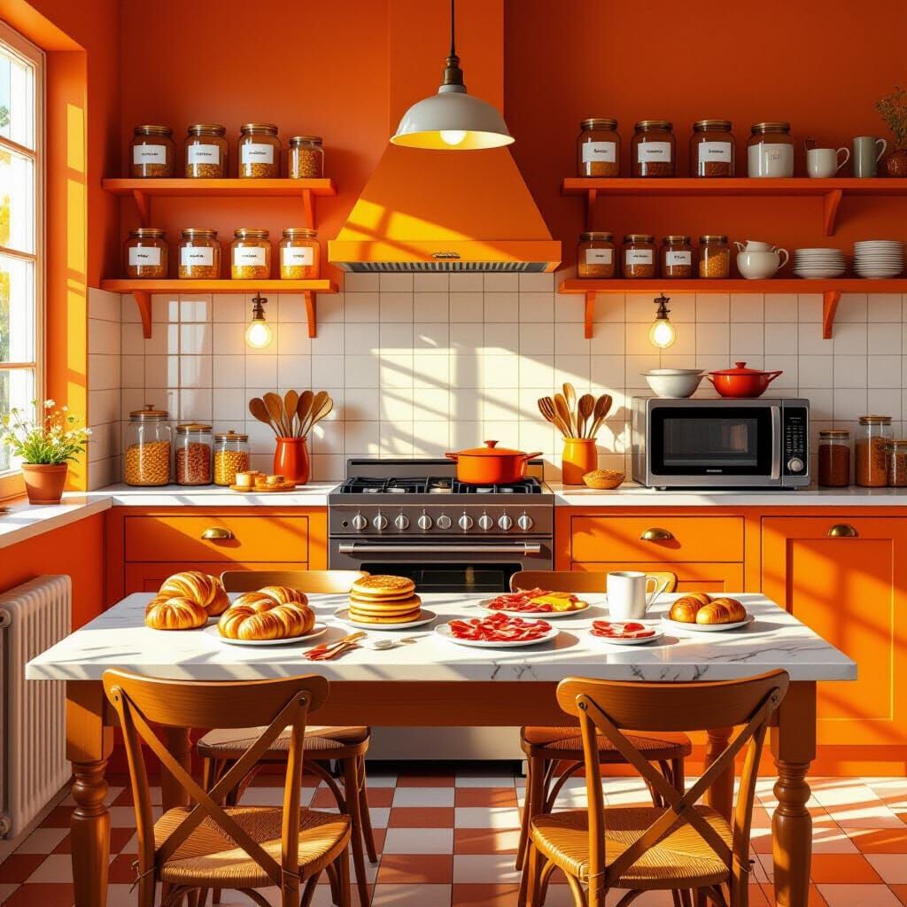 Cozy Orange Kitchen with Warm Treats in Oil Painting Style