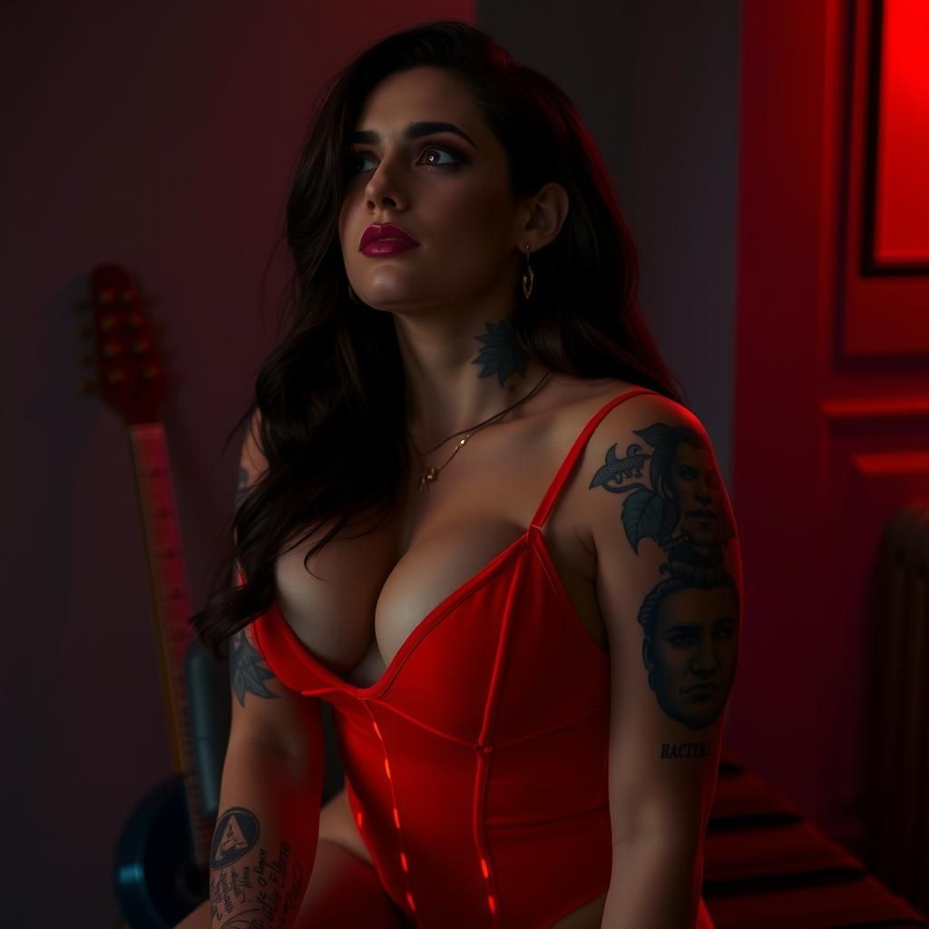 Contemplative Woman in Red Light Bodysuit