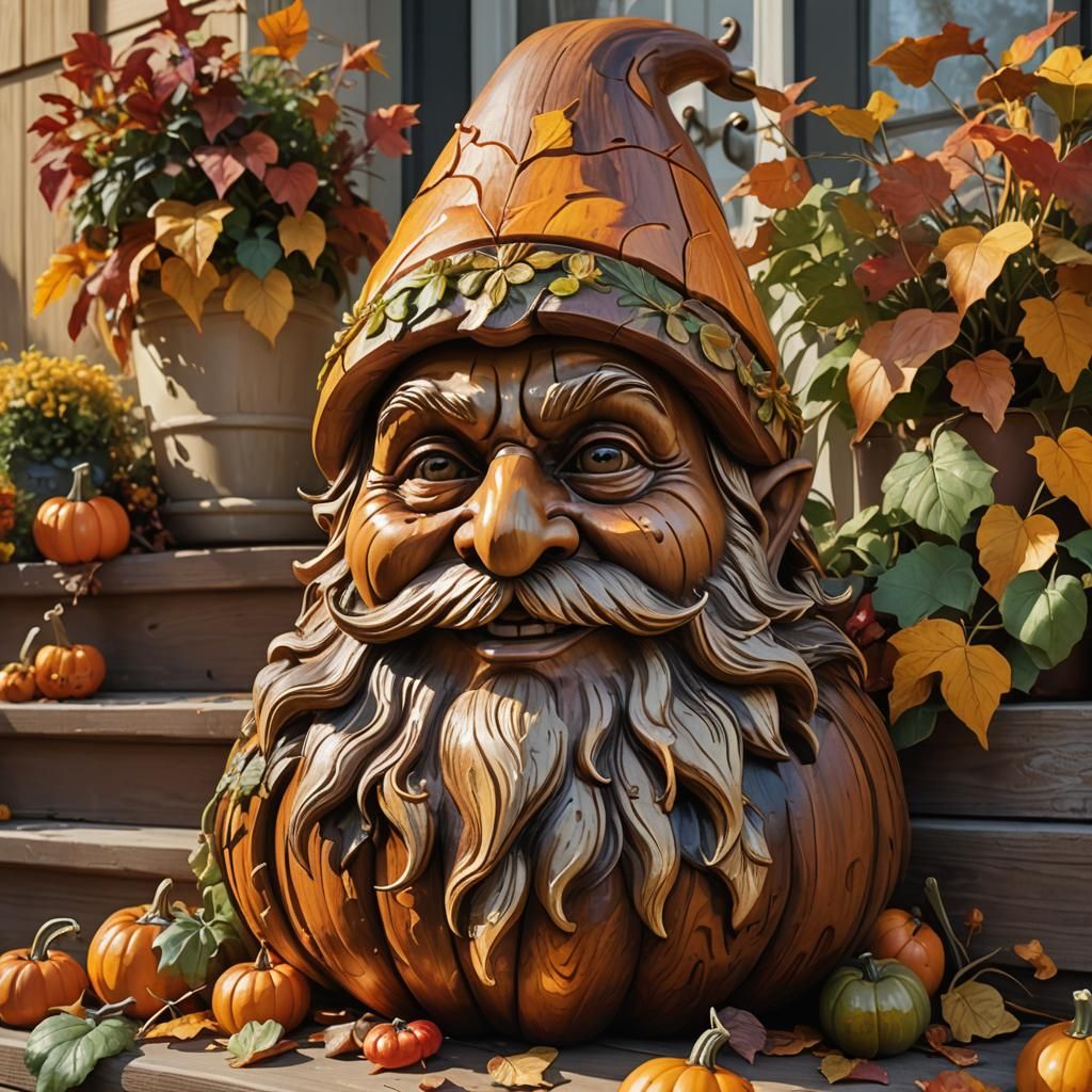 Gnome Face Carved in Cherry Wood Pumpkin