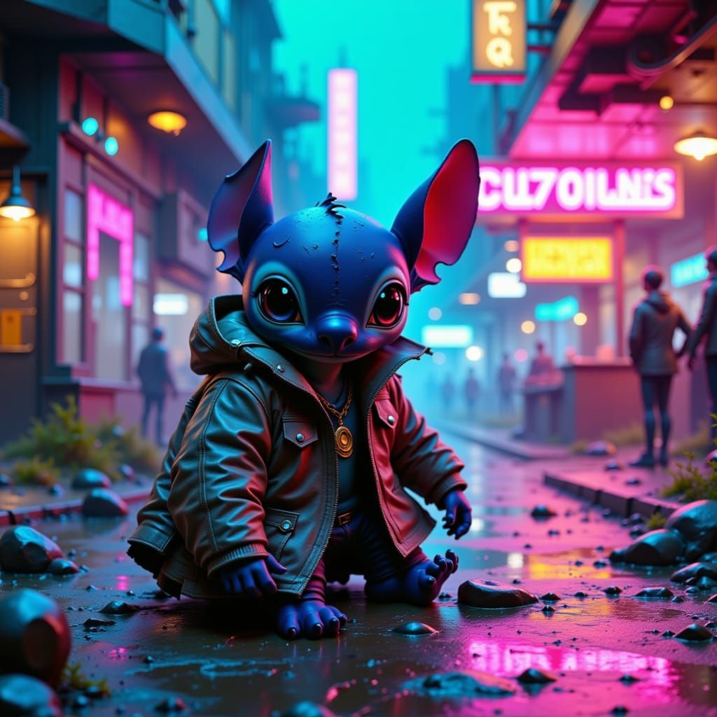 Stitch Lands Spaceship at Retro-Futuristic Gas Station