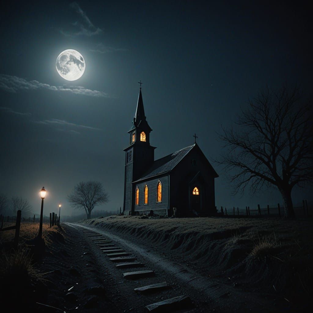 Moonlit Church in a Desolate Landscape