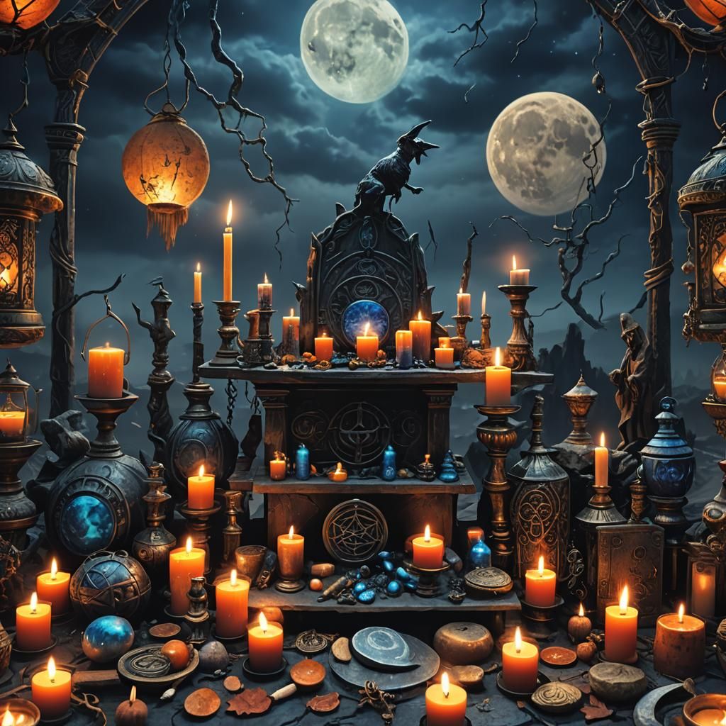 Mystical Witchcraft Altar Under a Glowing Moon