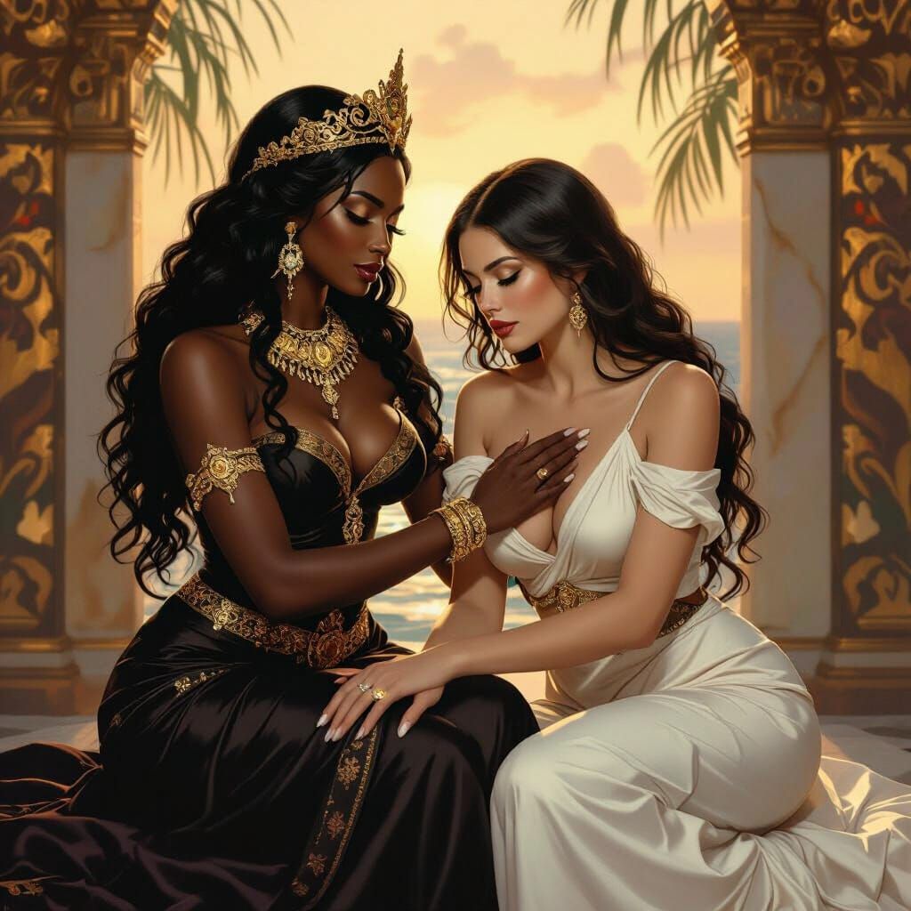 Regal Black Woman and Submissive Partner at Sunset