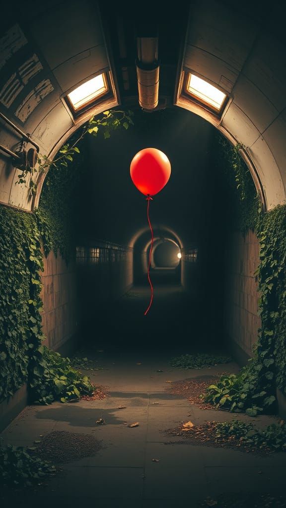 Red Balloon in Abandoned Subway: Photorealistic Art