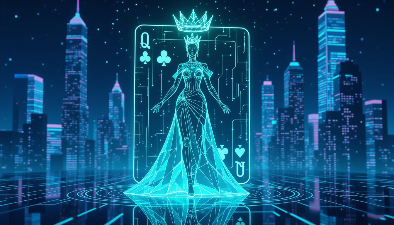 Cyberpunk Queen of Clubs Emerges From Holographic Card