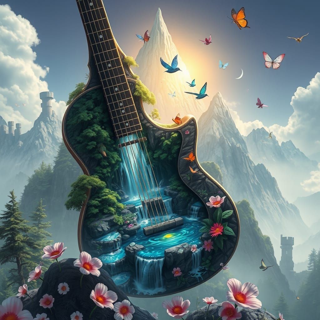 a guitar with a beautiful, detailed design. Inside the guita...