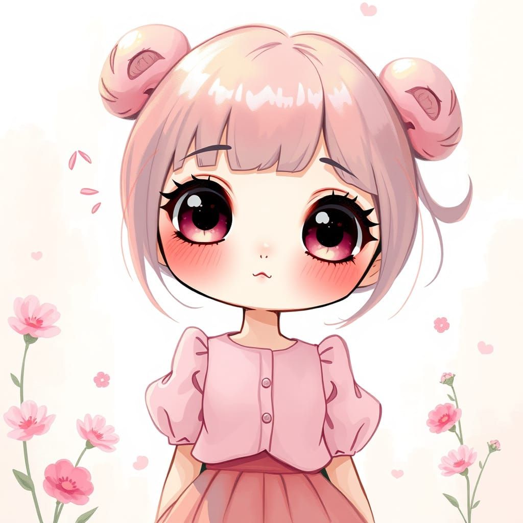 Kawaii Girl with Shimmering Eyes in Whimsical Style
