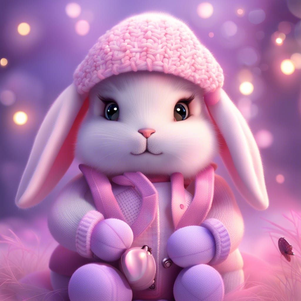 Cute Pink Bunny in Magical Forest, 8K Art