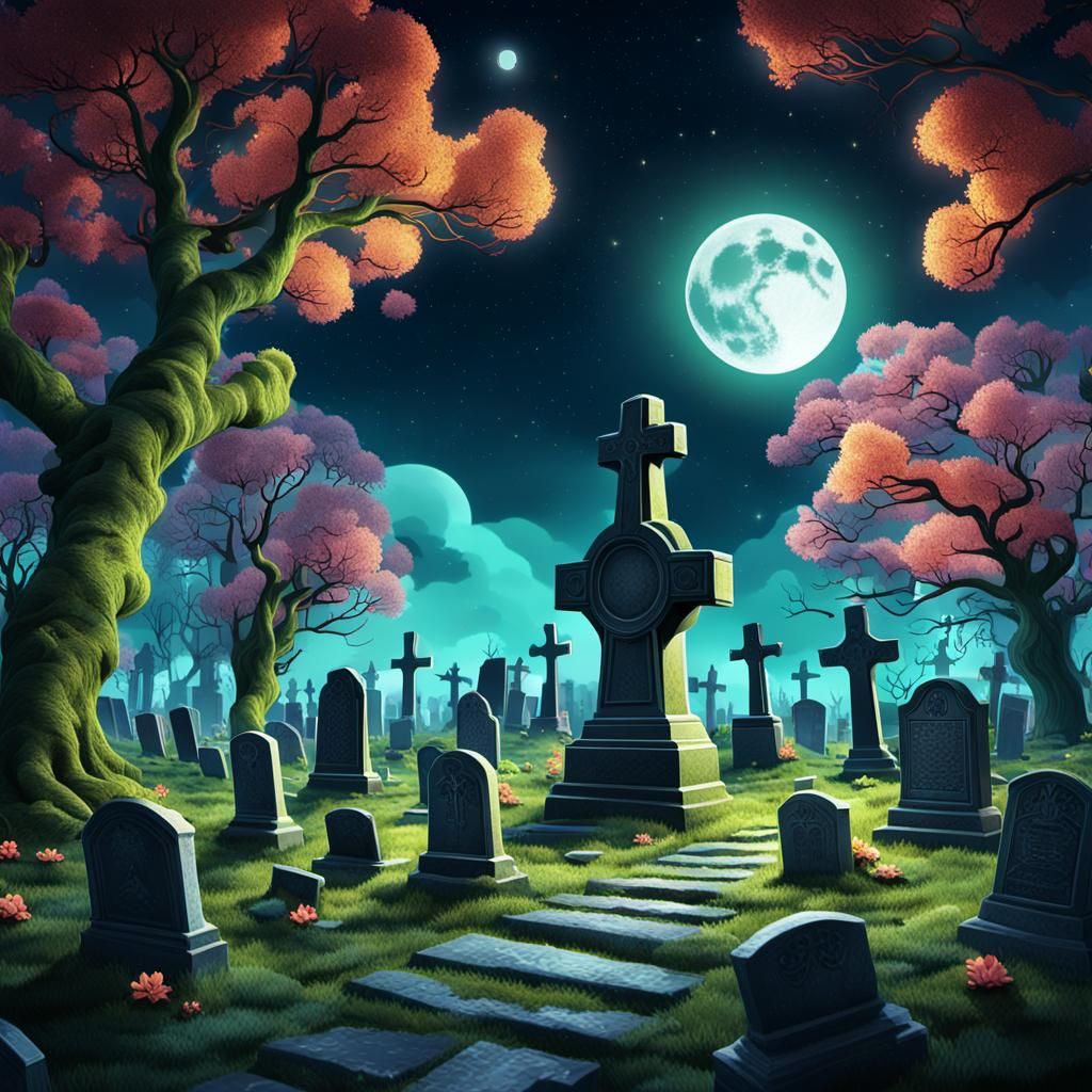 Enchanted Cemetery: Moonlit Gravestones in Candy Art Style
