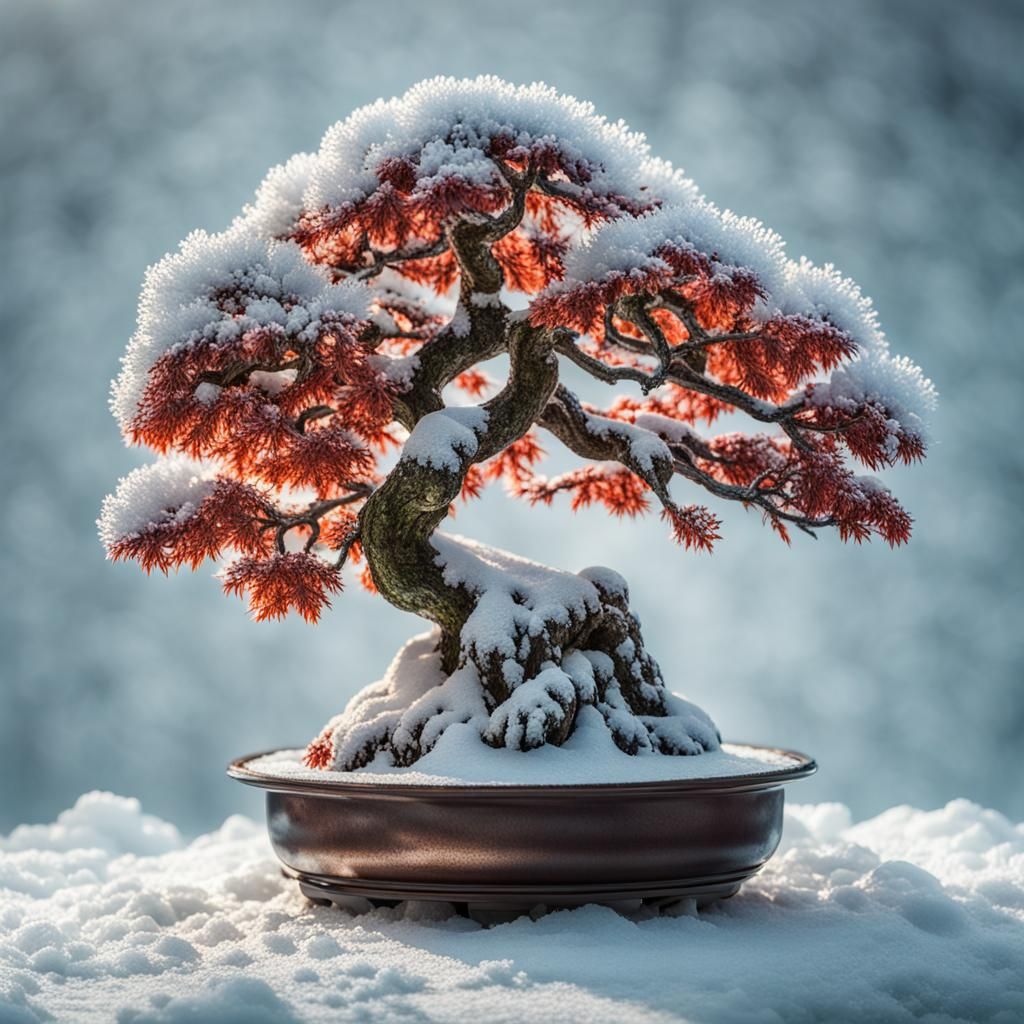 Frosty Bonsai Tree with Vibrant Colors and Detail