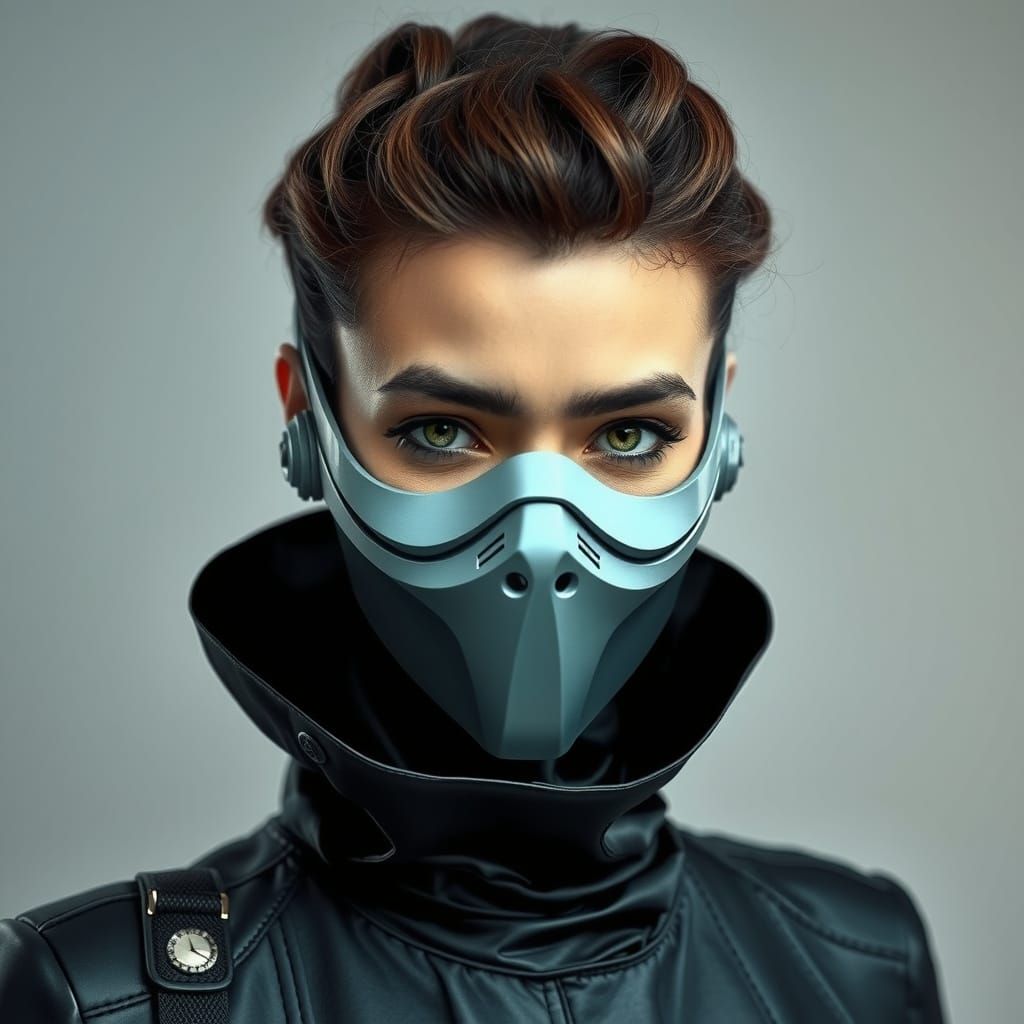 Elegant Futuristic Woman in Gas Mask, Dark Brown Hair, Pierc...