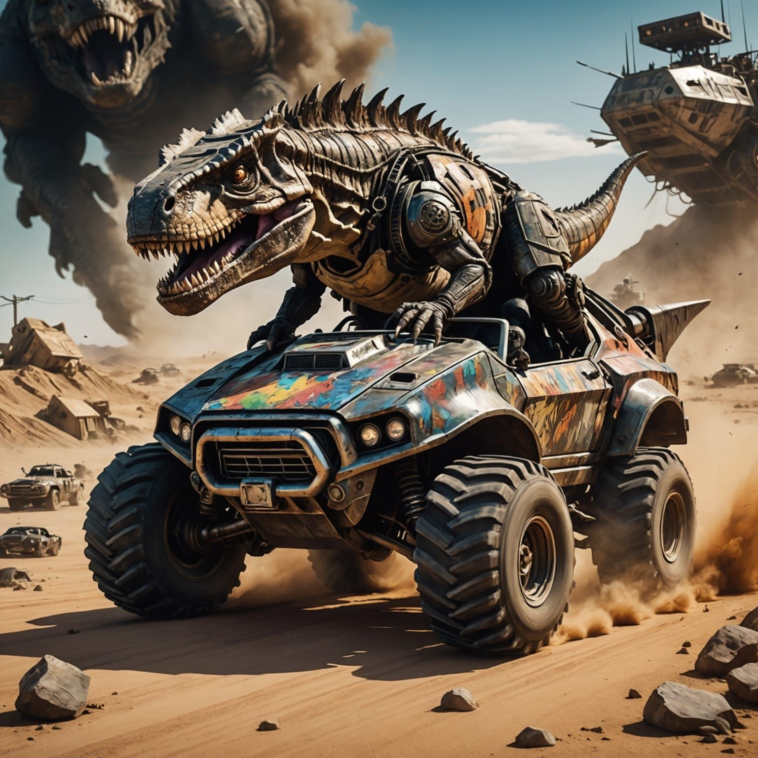 Chibi T-Rex Races Spaceship Tank in Mad Max Style