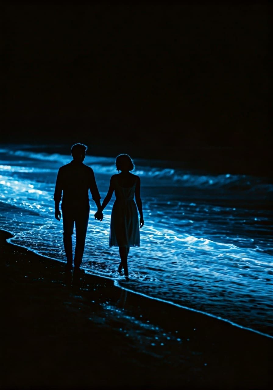 Lovers Stroll on Bioluminescent Shoreline in Cinematic Style