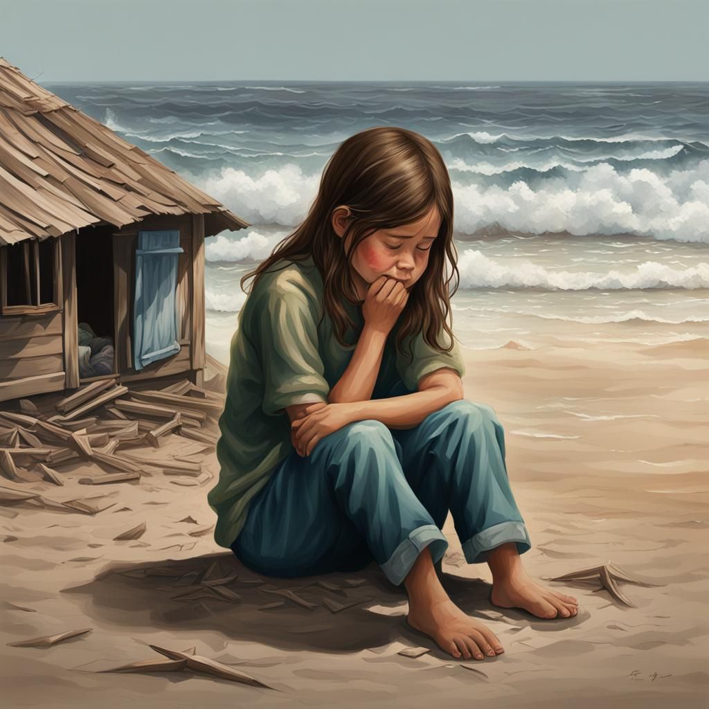 Crying Girl on Stormy Beach: Hyperrealistic Digital Art