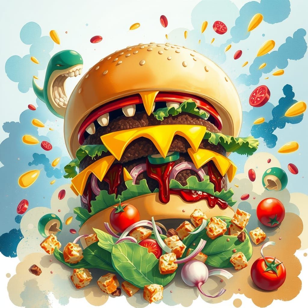 Hamburger Monster vs Salad Monster in Anime Style